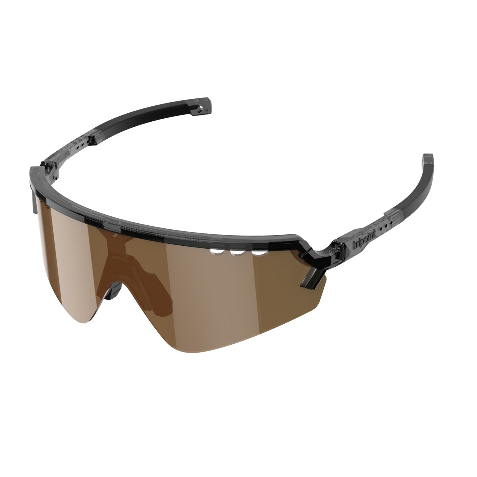Angled view of tripoint 007 chobe polarized sunglasses, clear black frame, brown lens