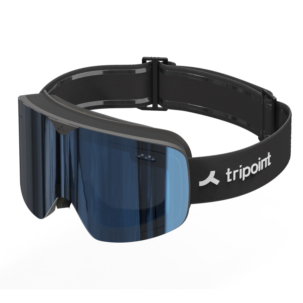 Angled view of tripoint 101 Shicheng Dashan ski goggles, black frame, blue multi lens