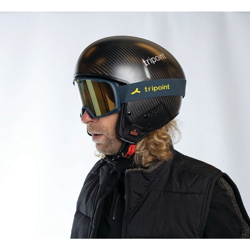 Model on-helmet view of tripoint 102 snow sport goggles with blue frame & gold multi lens