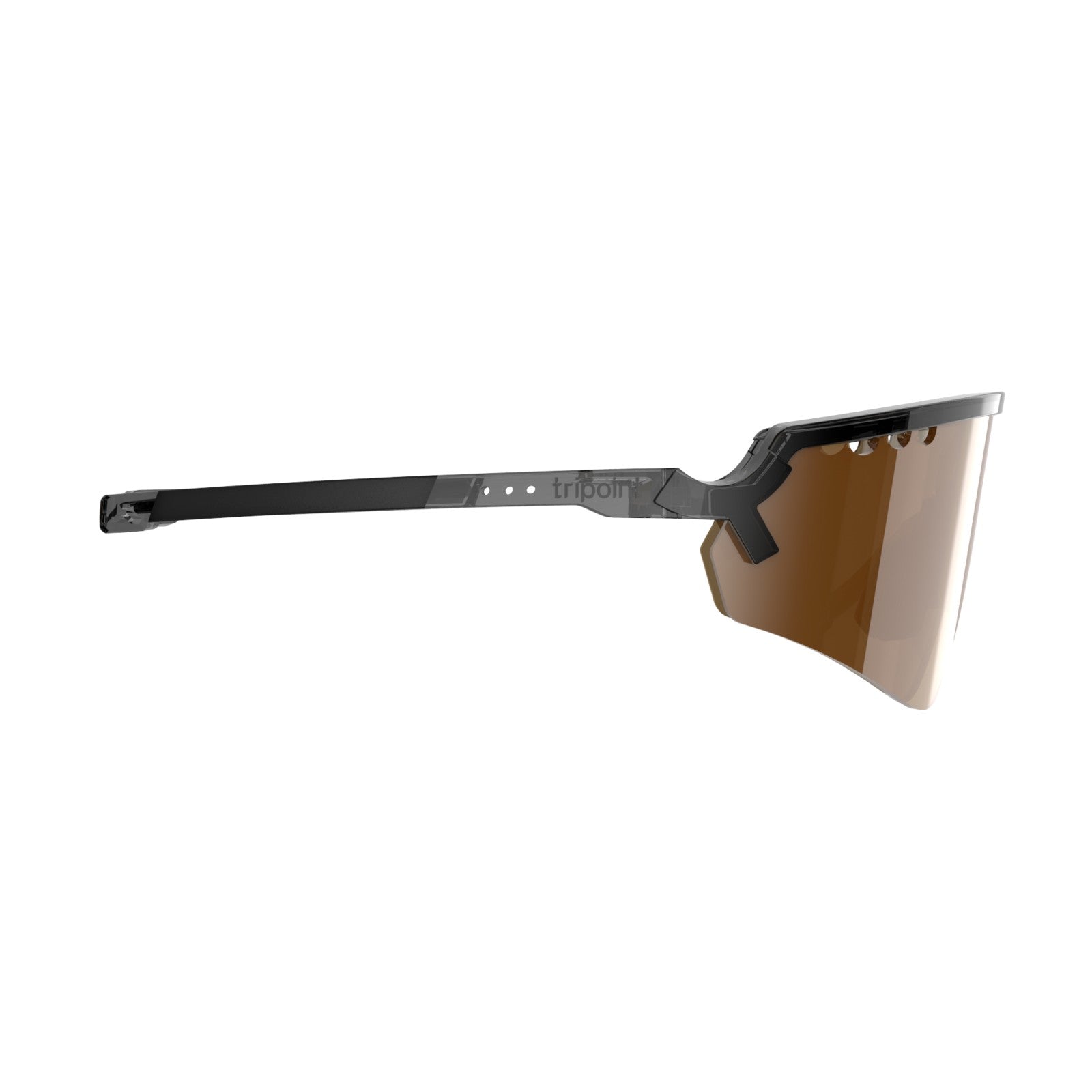 Side view of tripoint 007 chobe polarized sunglasses, clear black frame, brown lens